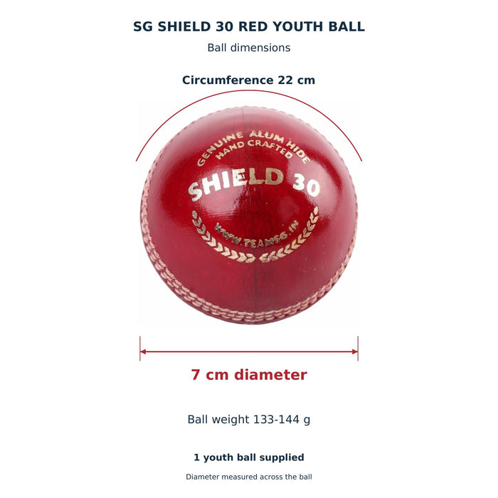 SG Shield 30 Red Youth Leather Cricket Ball - arrows showing ball diameter and circumference with per-ball weight