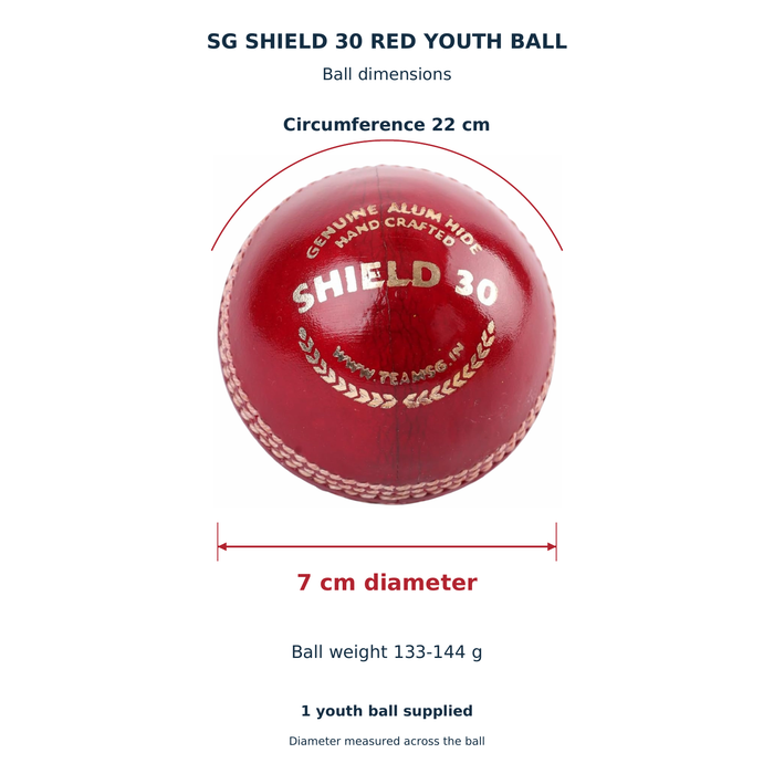 SG Shield 30 Red Youth Leather Cricket Ball - arrows showing ball diameter and circumference with per-ball weight