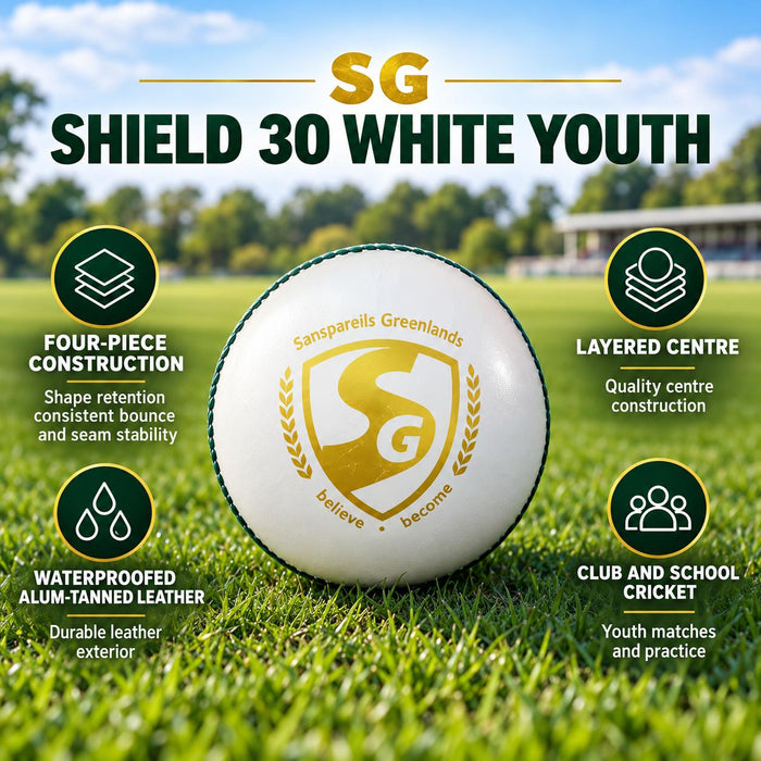 SG Shield 30 White Youth ball feature guide with four-piece construction and waterproofed alum-tanned leather