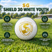 SG Shield 30 White Youth ball feature guide with four-piece construction and waterproofed alum-tanned leather