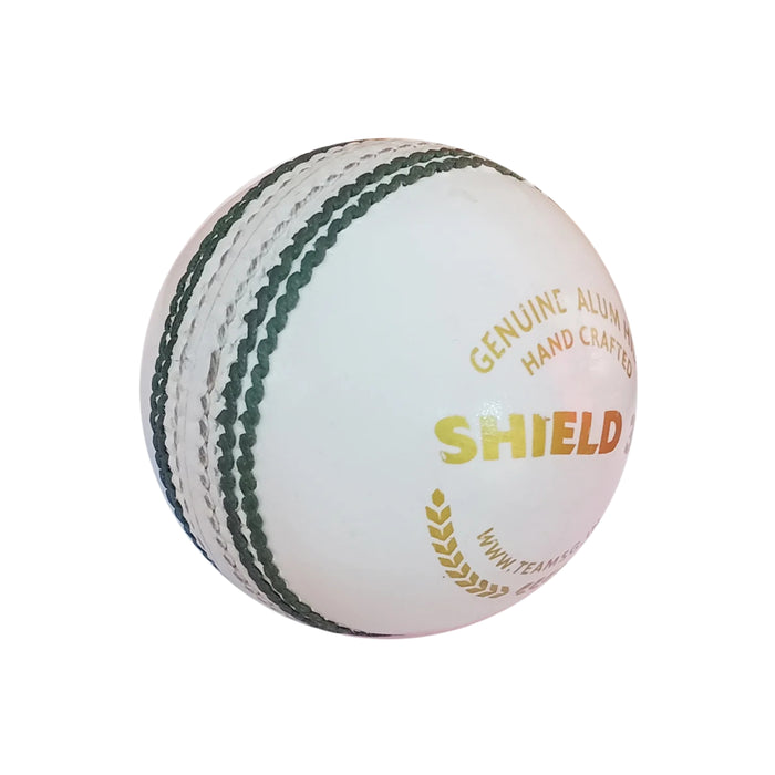 Stitched dark green seam on SG Shield 30 white youth leather cricket ball