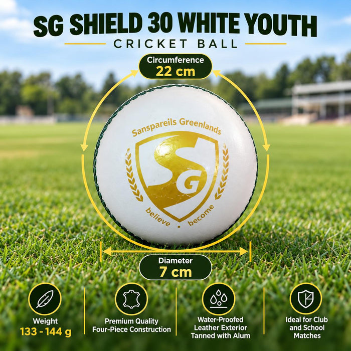 SG Shield 30 White Youth ball size: 133-144 g weight, 22 cm circumference and 7 cm diameter