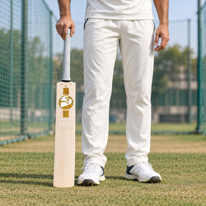 SG Sunny Gold  English Willow Cricket Bat- SH held upright by a cricketer before practice