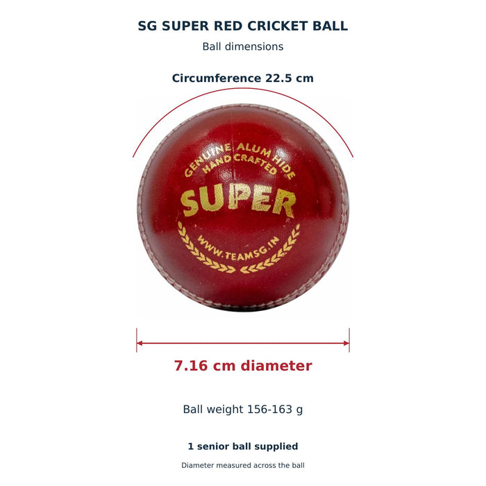 SG Super Red Leather Cricket Ball - arrows showing ball diameter and circumference with per-ball weight