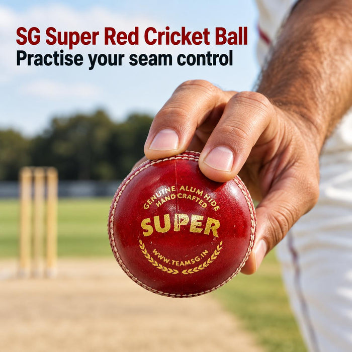 SG Super Red Leather Cricket Ball - hand and raised seam grip detail