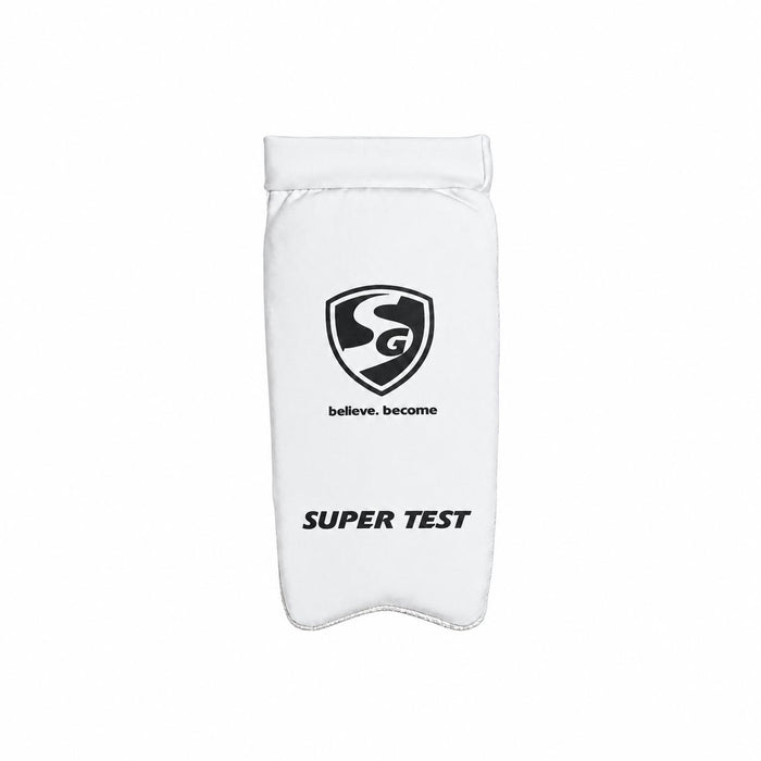 SG Super Test forearm elbow guard front showing black SG logo and Super Test branding