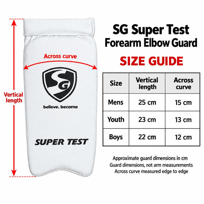 SG Super Test forearm elbow guard size guide showing Mens Youth and Boys dimensions with measurement arrows