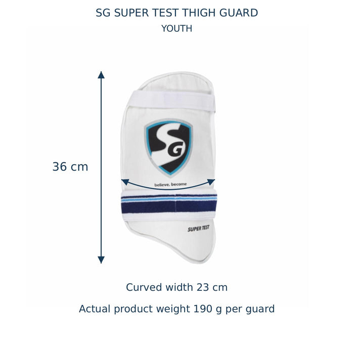 SG Super Test Youth thigh guard dimensions - length 36 cm, curved width 23 cm, net weight 190 g