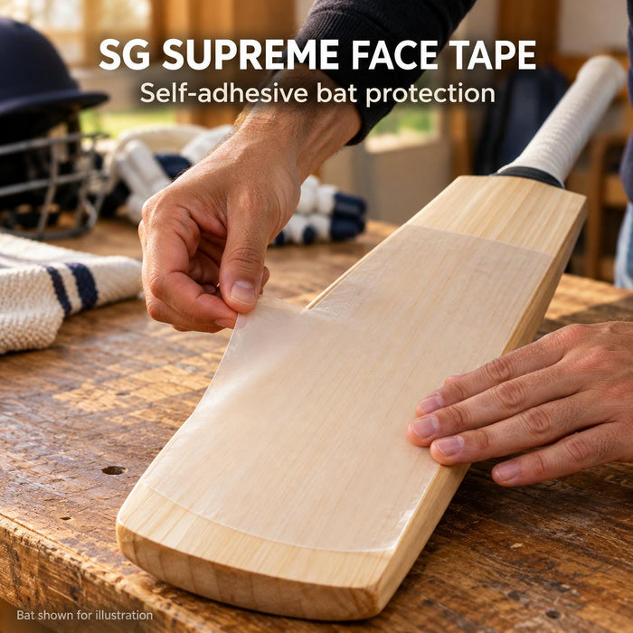 Applying SG Supreme self-adhesive face tape to the striking face of a straight cricket bat