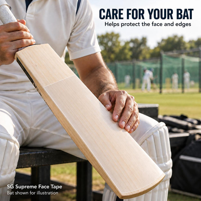 SG Supreme face tape protecting the striking area of a cricket bat before practice