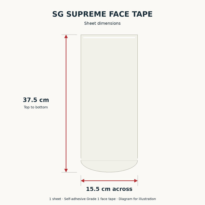 SG Supreme face tape sheet dimensions with arrows: 37.5 cm top to bottom and 15.5 cm across