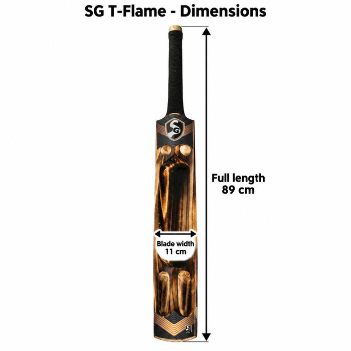 Cricket bat dimensions - full length 89 cm and blade width 11 cm with measurement arrows