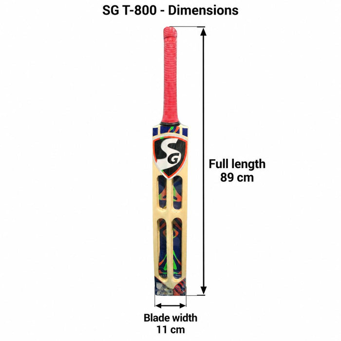 Cricket bat dimensions - full length 89 cm and blade width 11 cm with measurement arrows