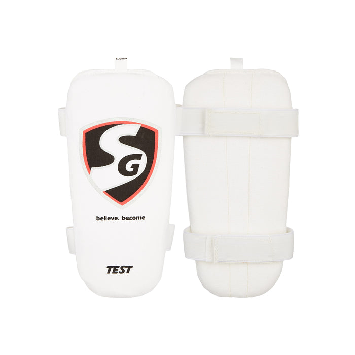 SG Test white cricket forearm elbow guard front and rear views