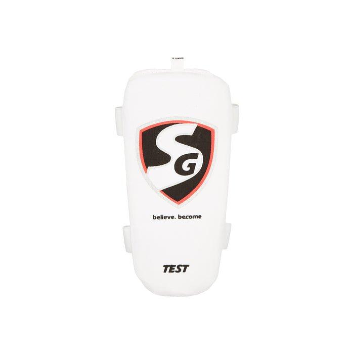 SG Test white cricket forearm elbow guard front view with SG branding