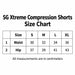 SG Xtreme compression shorts size chart - S M L XL waist and hip measurements in centimeters
