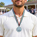 Cricket Arabia silver-colour cricket medal with ribbon worn at a presentation