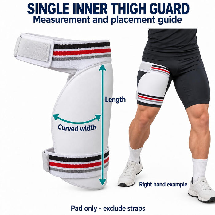 Illustrative single inner thigh guard guide with pad-only length and curved width arrows and a small pad strapped against the thigh