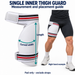 Illustrative single inner thigh guard guide with pad-only length and curved width arrows and a small pad strapped against the thigh