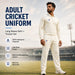Sportiff adult long sleeve cricket uniform shown on a model with fabric, mesh and care features