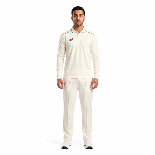 Adult model wearing the Sportiff long sleeve white cricket shirt and matching trousers