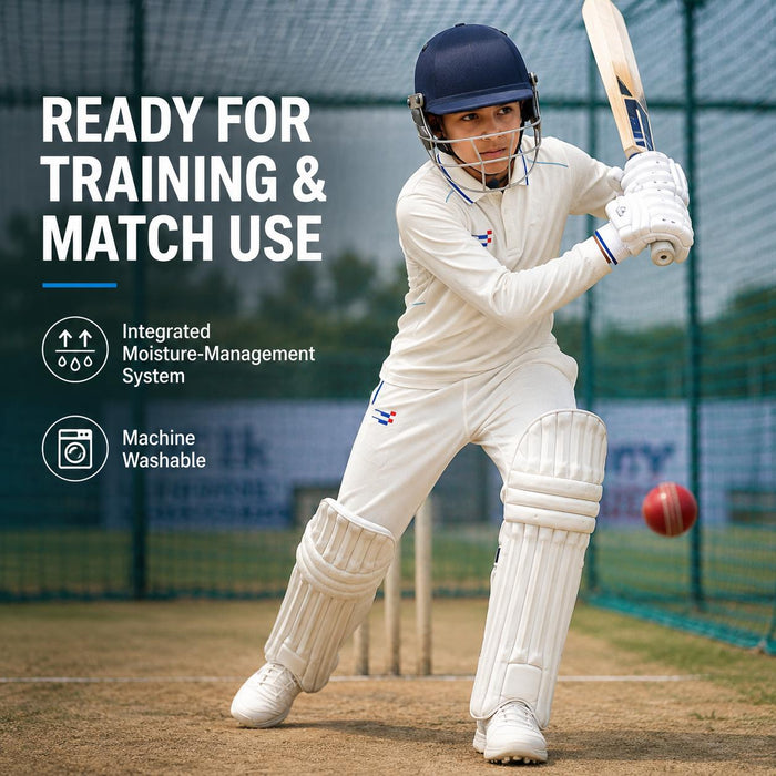 Junior batter wearing the Sportiff long sleeve cricket shirt and matching trousers