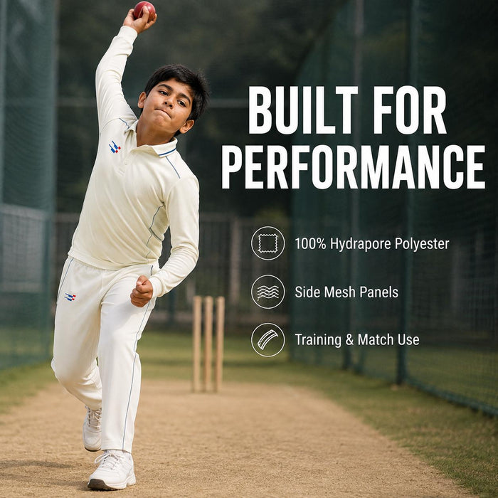 Junior cricketer bowling in the Sportiff long sleeve white shirt and trouser set