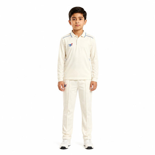 Junior model wearing the Sportiff long sleeve white cricket shirt and matching trousers