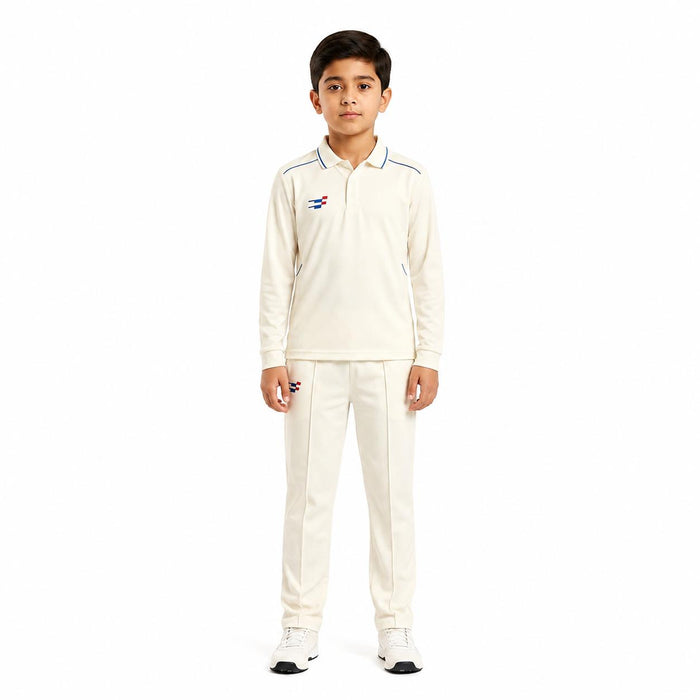 Junior model wearing the Sportiff long sleeve white cricket shirt and matching trousers