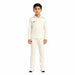 Junior model wearing the Sportiff long sleeve white cricket shirt and matching trousers