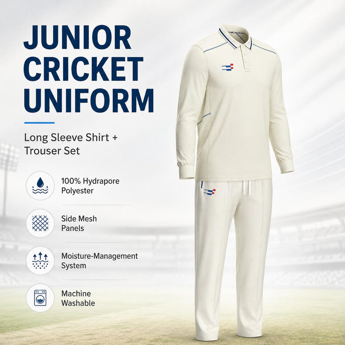 Sportiff junior long sleeve cricket uniform with fabric, mesh and care features