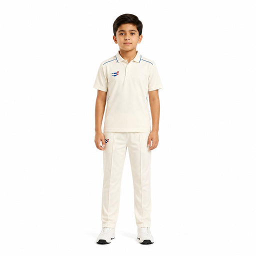 Junior model wearing the Sportiff short sleeve white cricket shirt and matching trousers