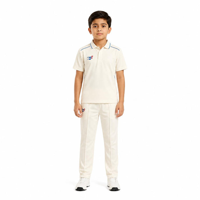 Junior model wearing the Sportiff short sleeve white cricket shirt and matching trousers
