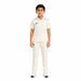 Junior model wearing the Sportiff short sleeve white cricket shirt and matching trousers