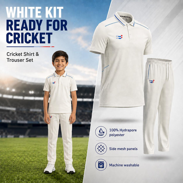 Sportiff junior short sleeve shirt and trouser set showing fabric, side mesh and care features