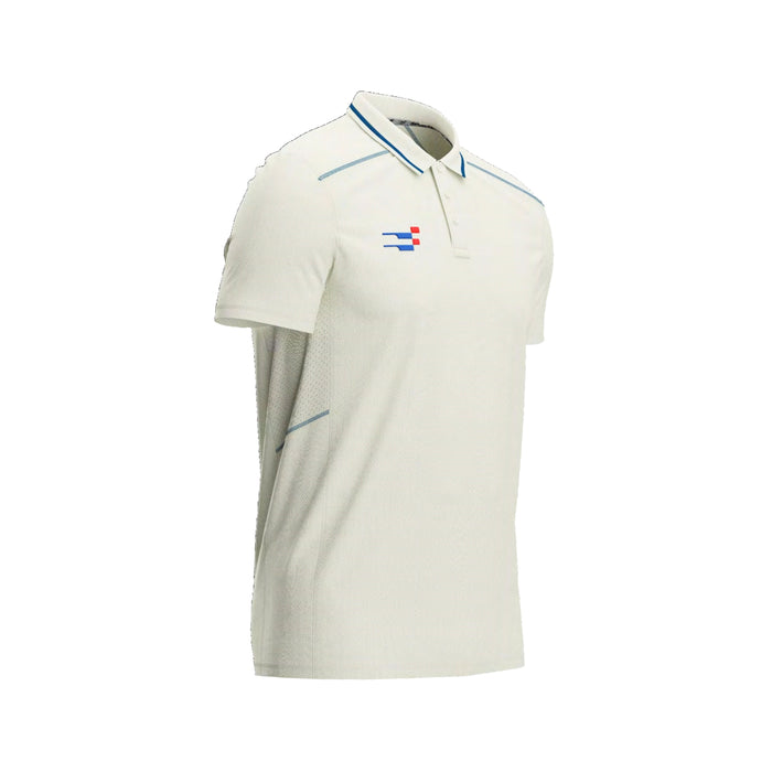 Sportiff short sleeve cricket shirt showing the collar, blue trim and mesh side panels