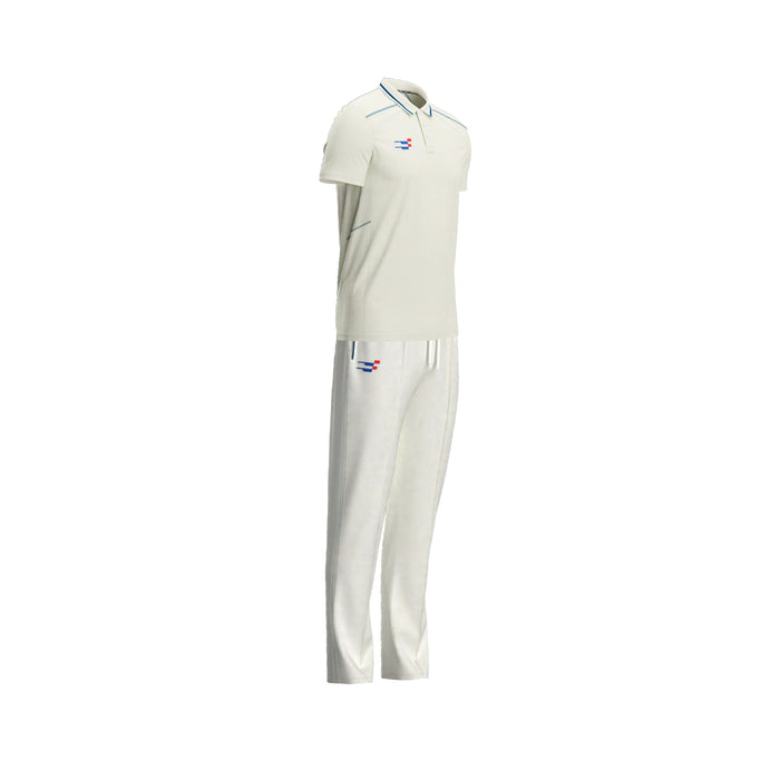 Sportiff white short sleeve collared cricket shirt and matching trousers shown as a set