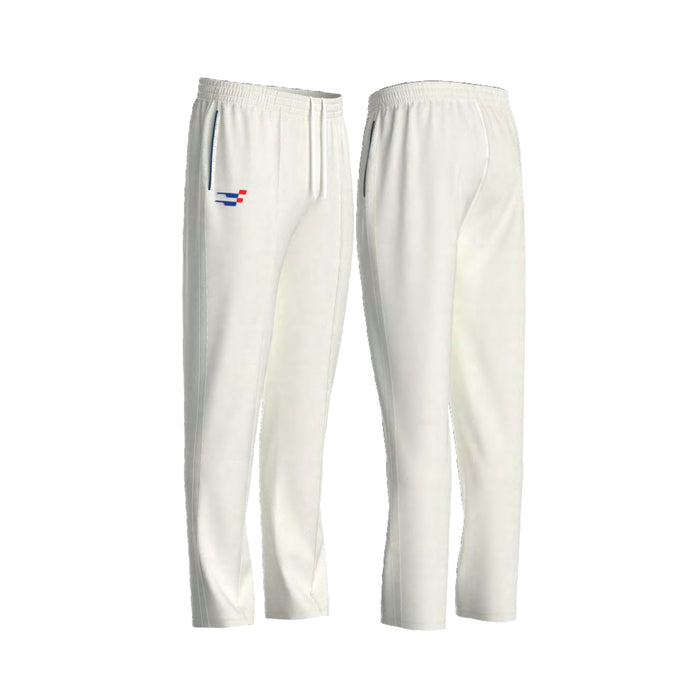 Sportiff white cricket trousers shown from the front and rear
