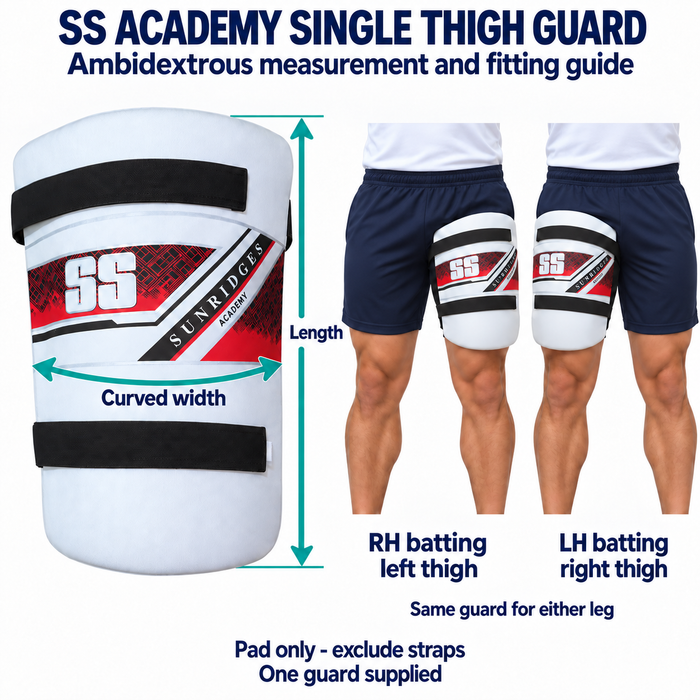 SS Academy single outer thigh guard length and curved width, same guard on either leg with clothed RH and LH fitting examples