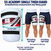 SS Academy single outer thigh guard length and curved width, same guard on either leg with clothed RH and LH fitting examples