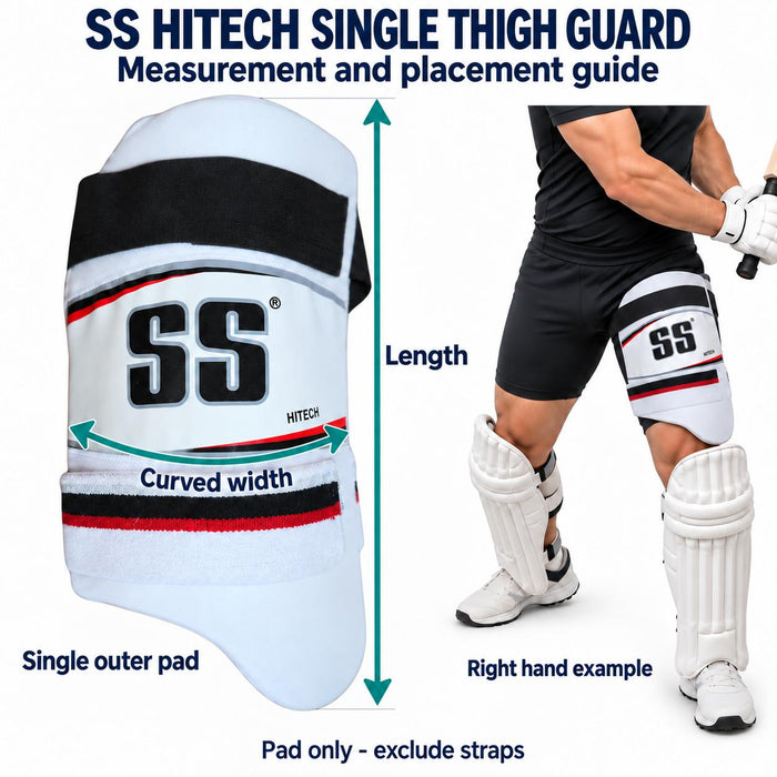 SS Hitech single outer thigh guard actual shape with pad-only length, curved width and leading thigh fitting example
