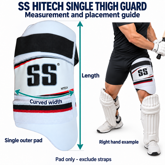 SS Hitech single outer thigh guard actual shape with pad-only length, curved width and leading thigh fitting example