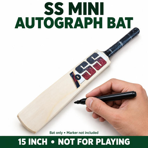 SS 15 inch unsigned mini autograph cricket bat with a hand holding a marker, not for playing