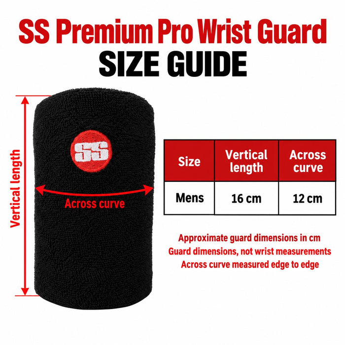 SS Premium Pro black wrist guard Mens size guide showing 16 cm vertical length and 12 cm across curve