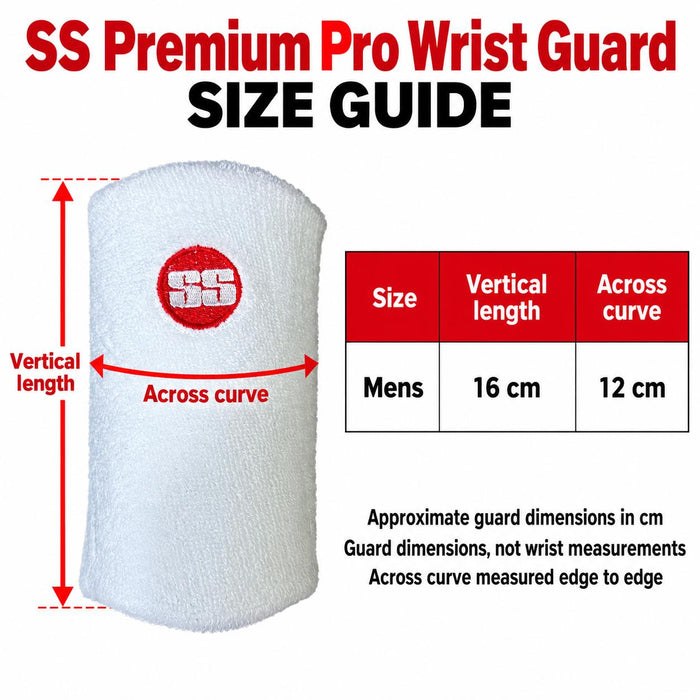 SS Premium Pro white wrist guard Mens size guide showing 16 cm vertical length and 12 cm across curve