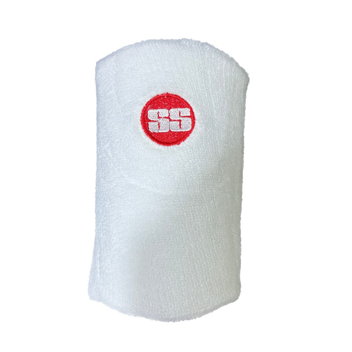 SS Premium Pro white cricket wrist guard front showing red SS badge