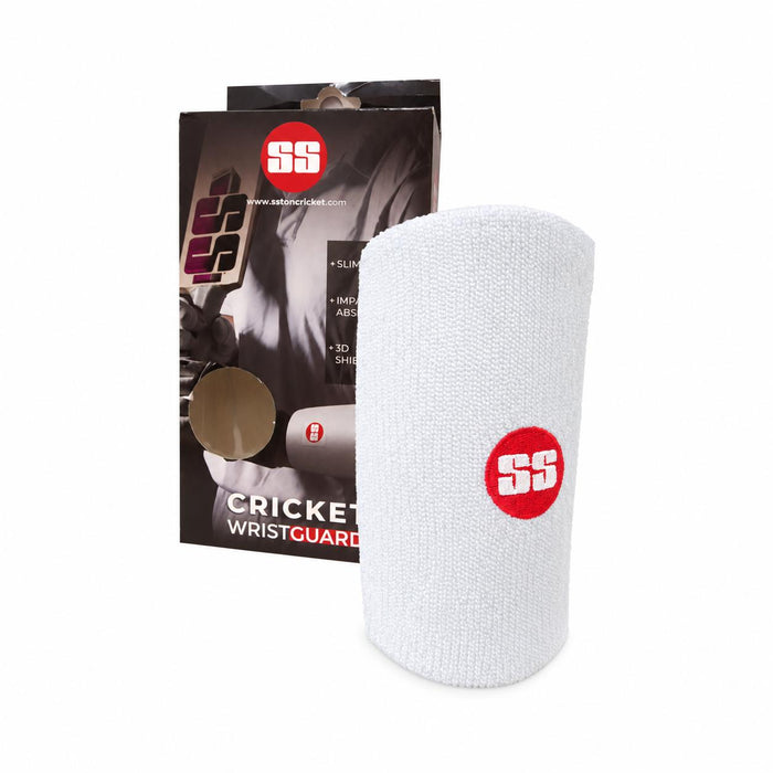 SS Premium Pro white cricket wrist guard with retail packaging