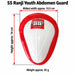 SS Ranji Youth abdomen guard with red arrows showing height approx. 14 cm and widest width approx. 10.5 cm, with weight approx. 55 g