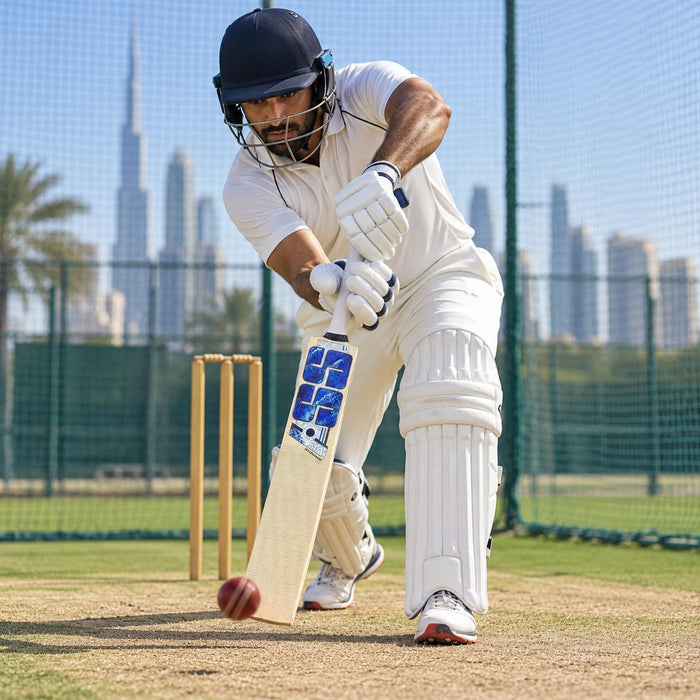 Adult cricketer playing a defensive shot with the SS Sky Stunner Kashmir Willow Short Handle bat in cricket practice nets