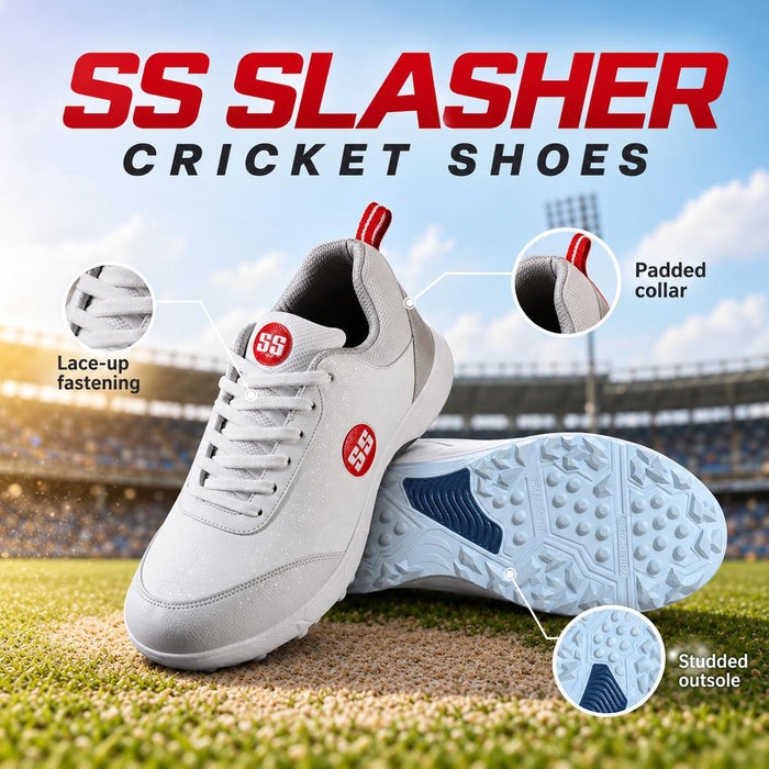 SS Slasher cricket shoes - lace-up fastening, padded collar and actual studded outsole with navy midfoot insert